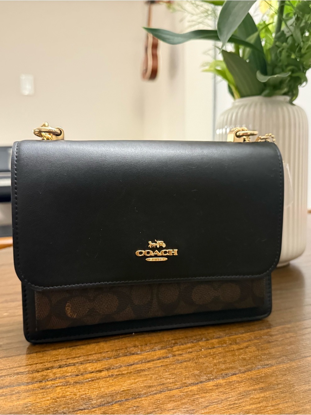 Coach Black Leather Crossbody with Signature Brown Canvas Trim